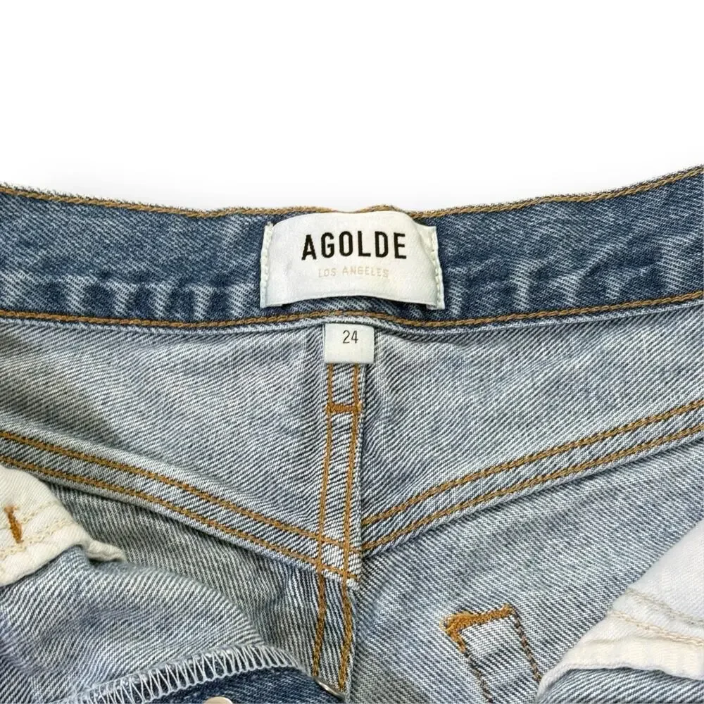 AGOLDE Parker Long Women's High Rise Blue Denim Cut Off Shorts 24 Button Fly